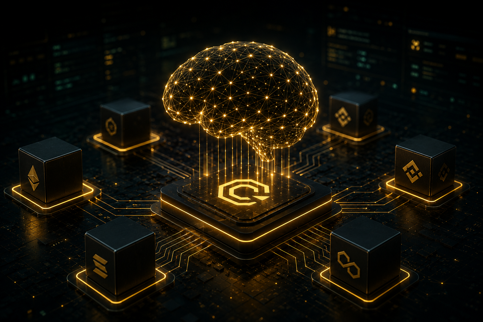 A neural network rendered in gold above a C’ROC-branded processor, wired out to Ethereum, BNB Chain, Solana and Polygon nodes